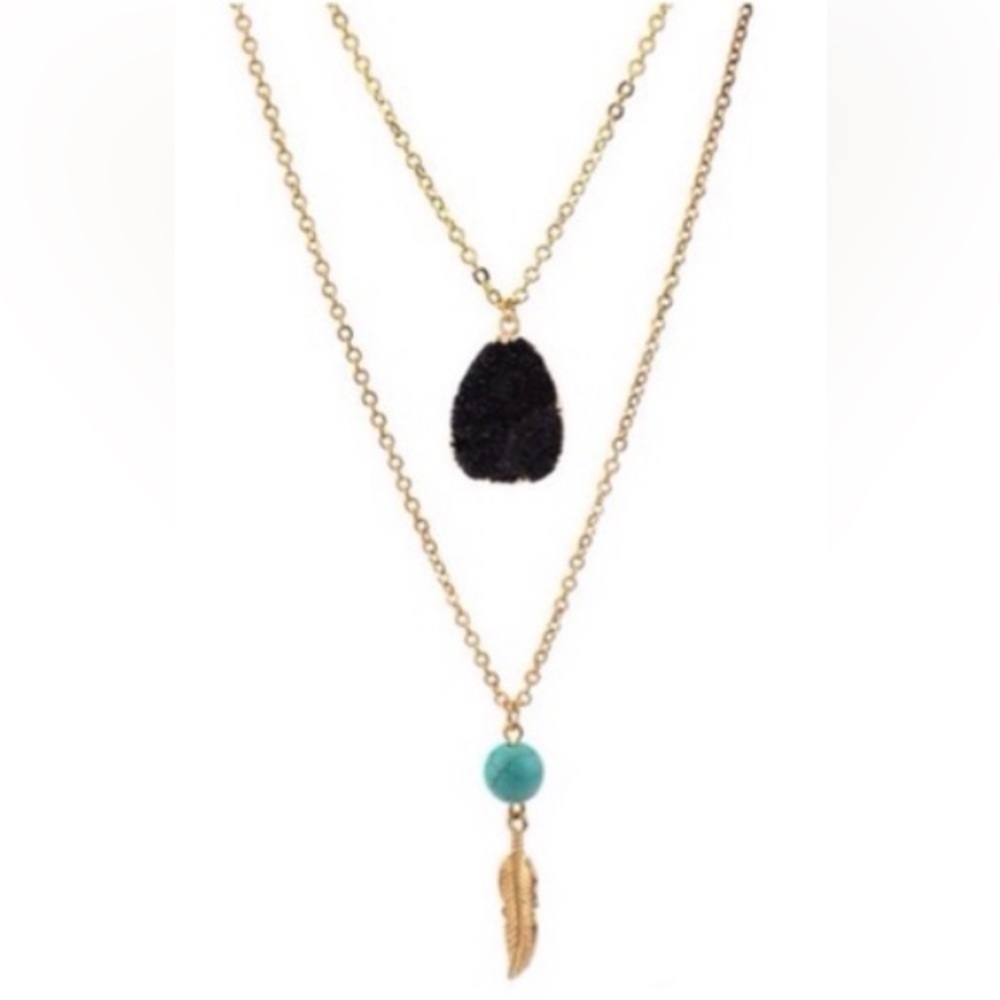 2/$15 - Boho Double Layer Necklace | Black & Gold Feather Pendant Necklace | NWT